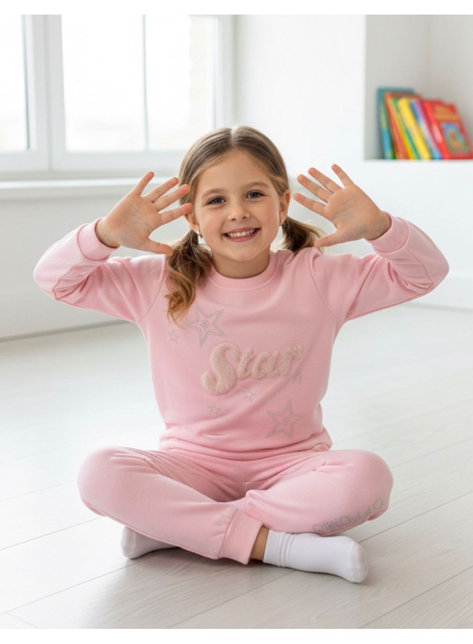 KIZ ÇOCUK PELUŞ STAR APLİKELİ TAŞ BASKILI EŞOFMAN TKM PMBE