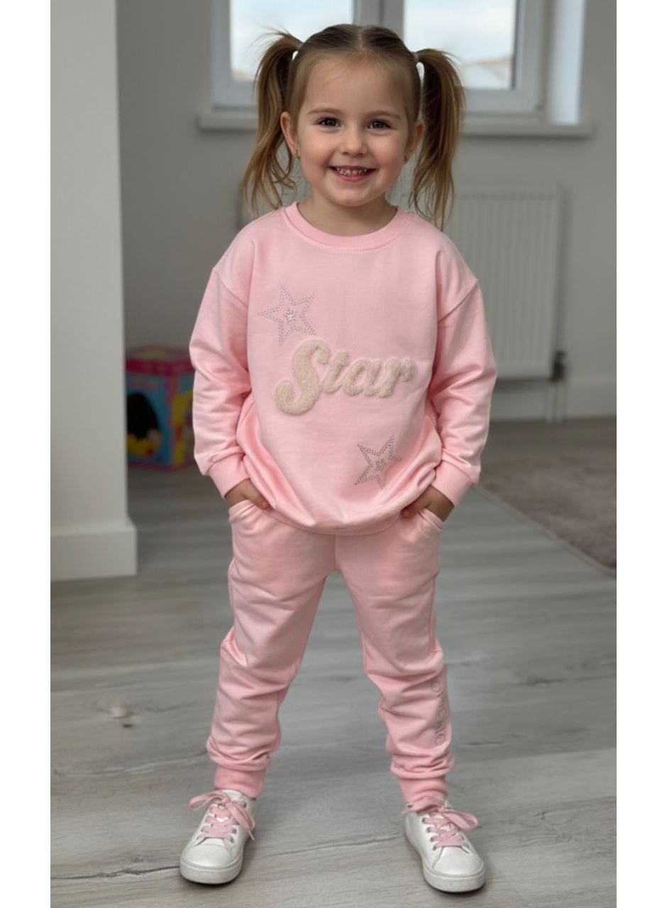 KIZ ÇOCUK PELUŞ STAR APLİKELİ TAŞ BASKILI EŞOFMAN TKM PMBE