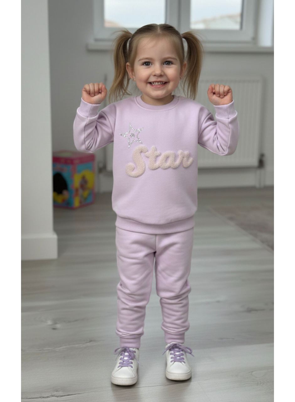 KIZ ÇOCUK PELUŞ STAR APLİKELİ TAŞ BASKILI EŞOFMAN TKM LİLA