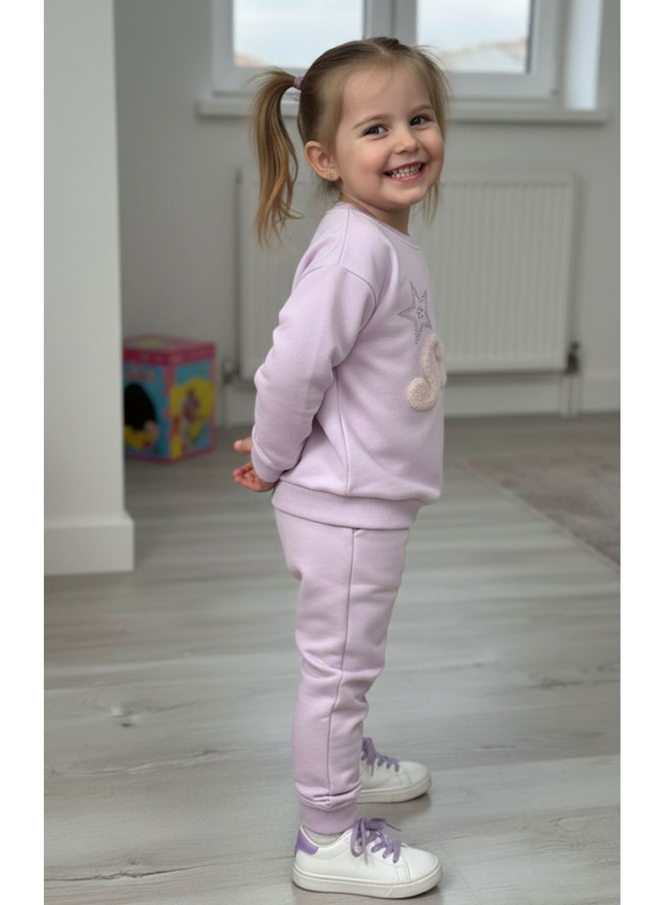 KIZ ÇOCUK PELUŞ STAR APLİKELİ TAŞ BASKILI EŞOFMAN TKM LİLA