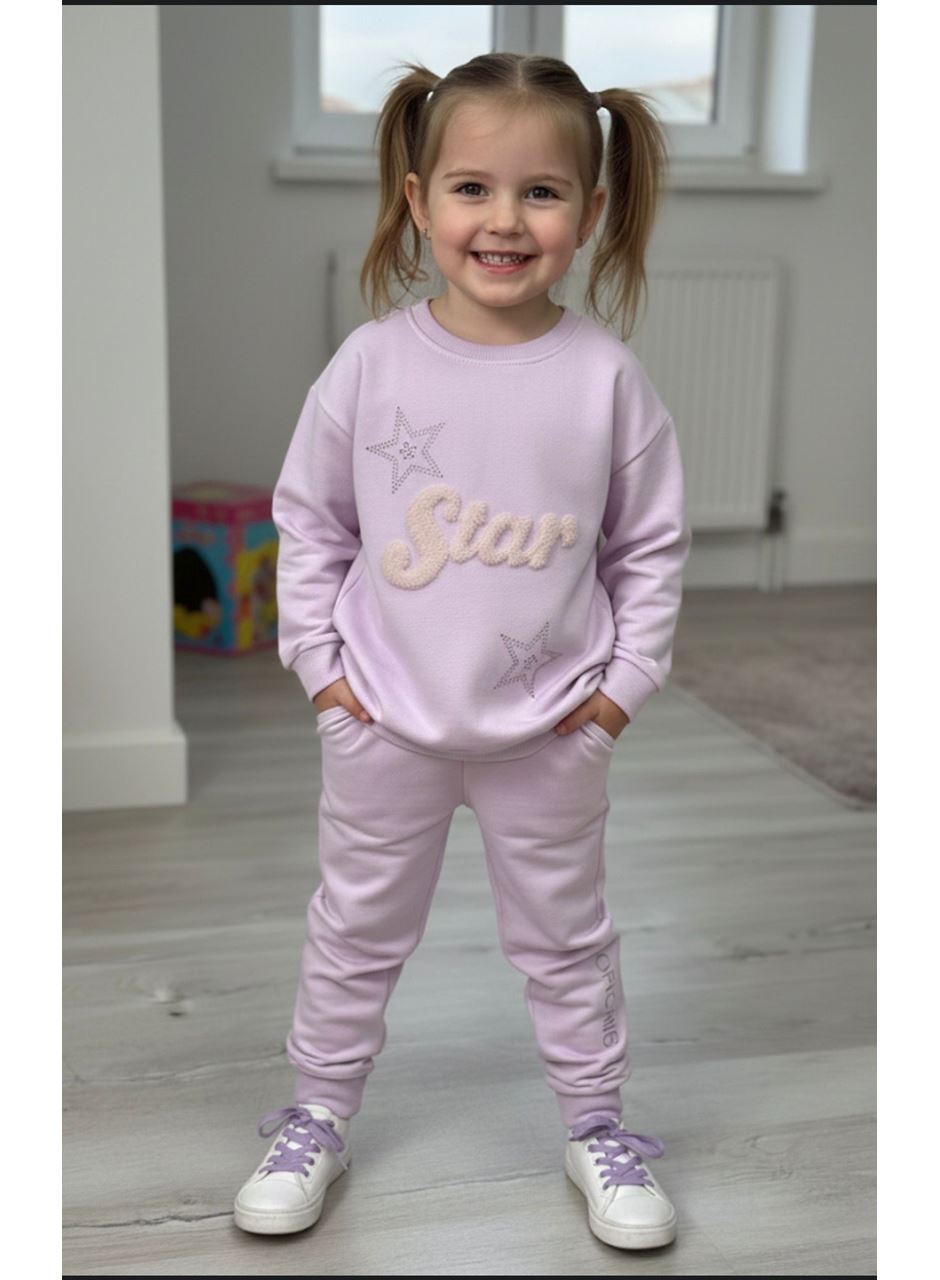 KIZ ÇOCUK PELUŞ STAR APLİKELİ TAŞ BASKILI EŞOFMAN TKM LİLA