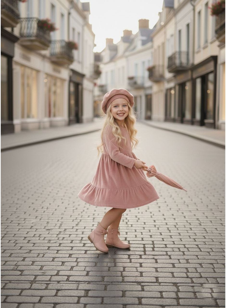 433581 ŞAPKALI KADİFE ELBİSE 2-3-4-5 YAŞ