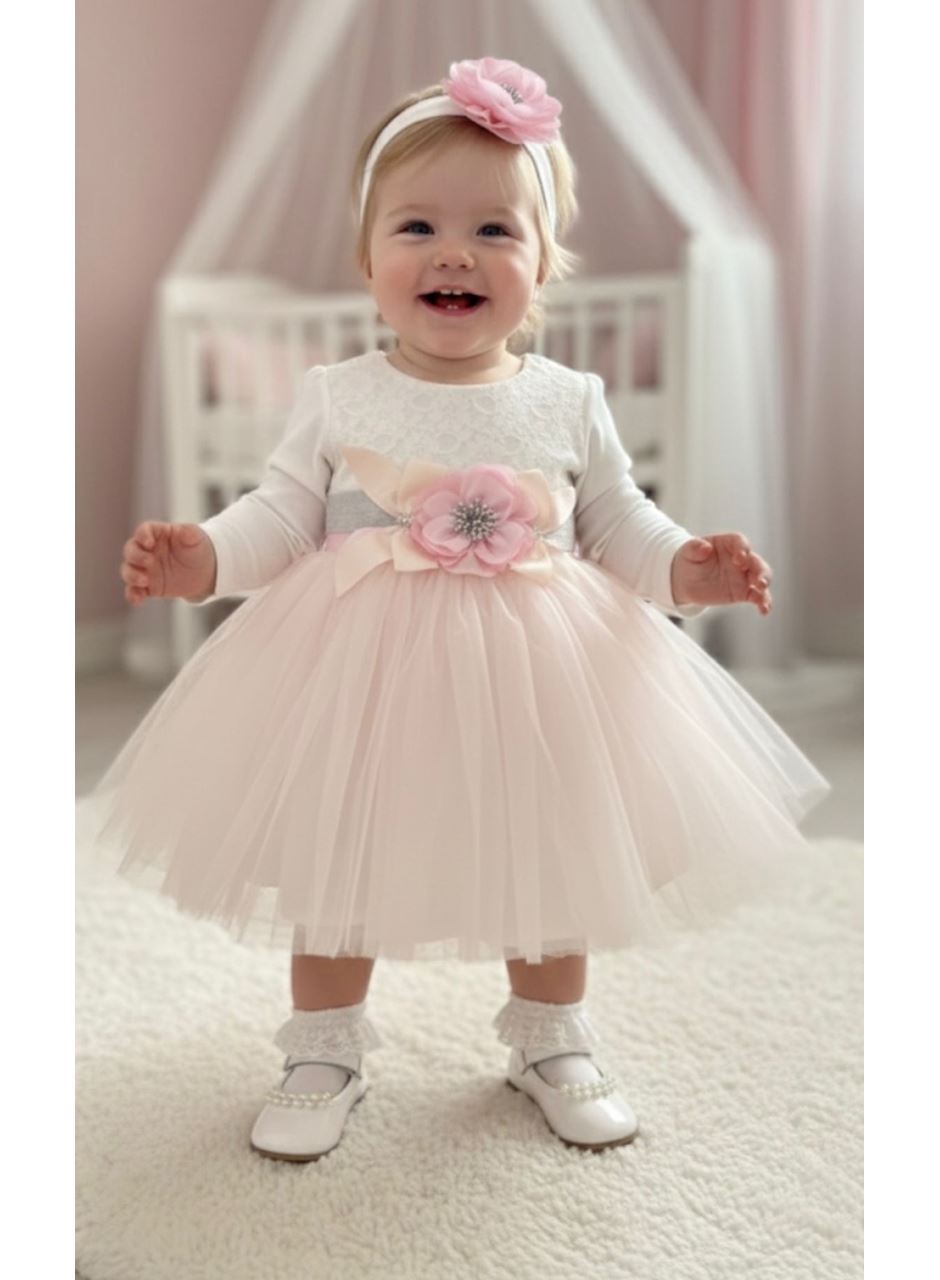 410678 İNCİLİ GÖBEK ÇİÇEKLİ BANDANALI ELBİSE MEVSİMLİK