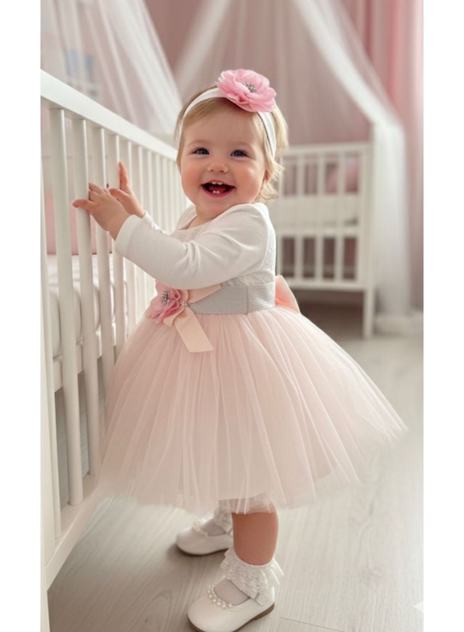 410678 İNCİLİ GÖBEK ÇİÇEKLİ BANDANALI ELBİSE MEVSİMLİK