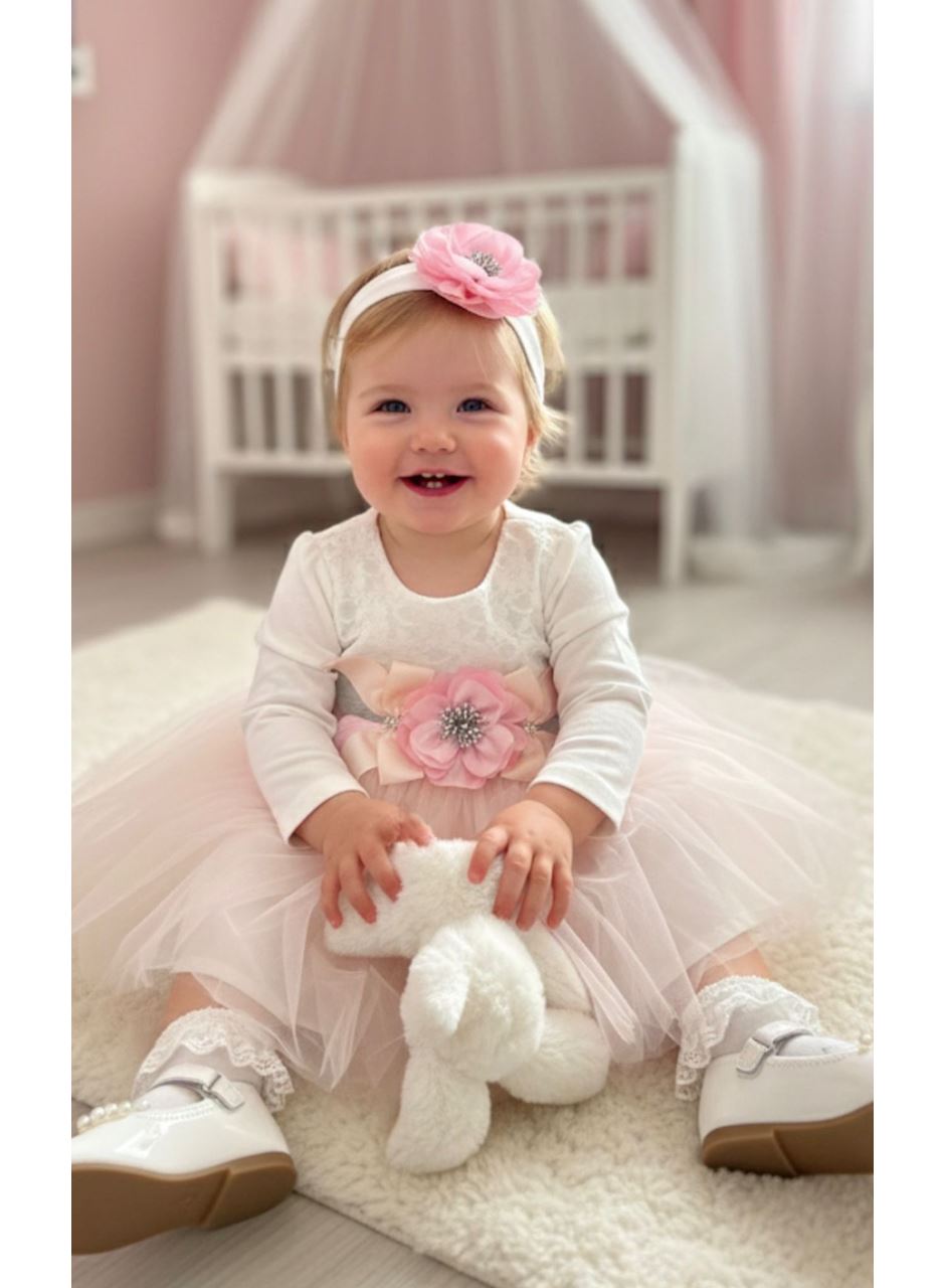 410678 İNCİLİ GÖBEK ÇİÇEKLİ BANDANALI ELBİSE MEVSİMLİK