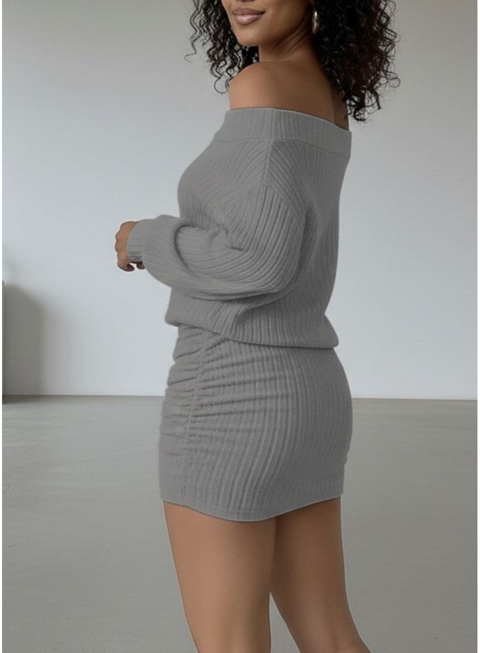 Kadın Uzun Kollu Madonna Yaka Yanlardan Büzgülü şardonlu Kaşkorse Mini Elbise