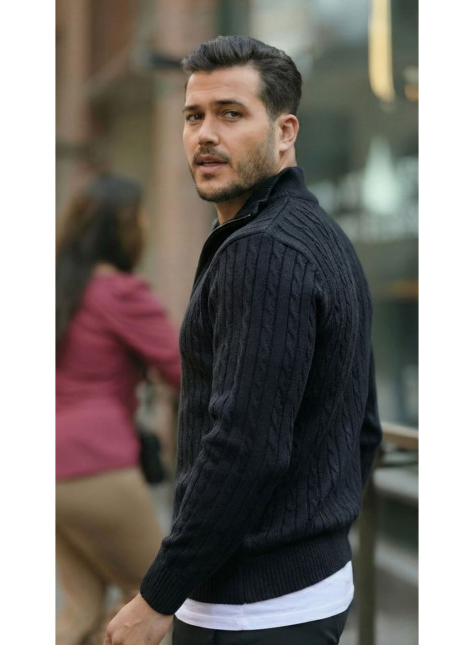 Erkek Örgü Desen Zip Yaka Triko