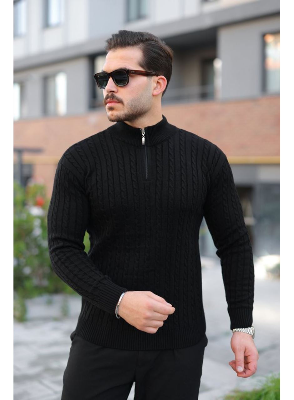 Erkek Örgü Desen Zip Yaka Triko