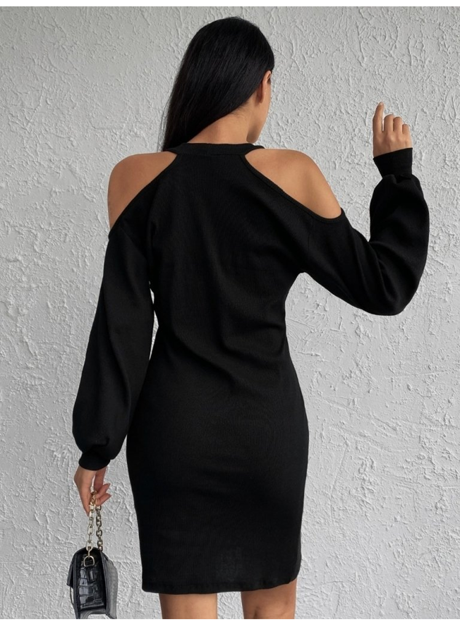 Kadın Uzun Kollu Omuzları Açık Boyundan şerit Detay Kaşkorse Elbise