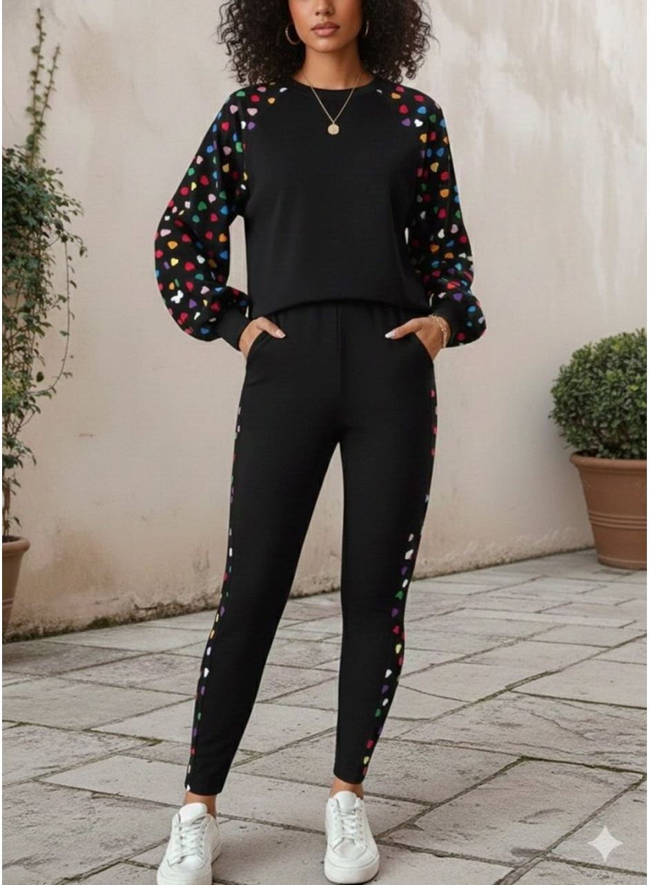 Kadın Uzun Kollu Bisiklet Yaka Desenli Viskon Iki Iplik Bluz Ve Pantolon Ikili Takım