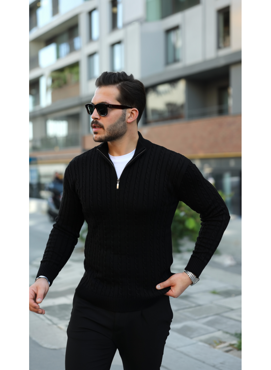 Erkek Örgü Desen Zip Yaka Triko