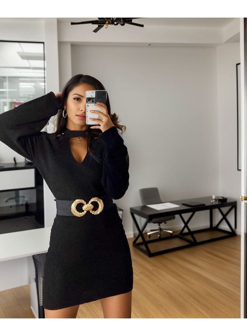 Kadın Uzun Kollu Omuzları Açık Boyundan şerit Detay Kaşkorse Elbise