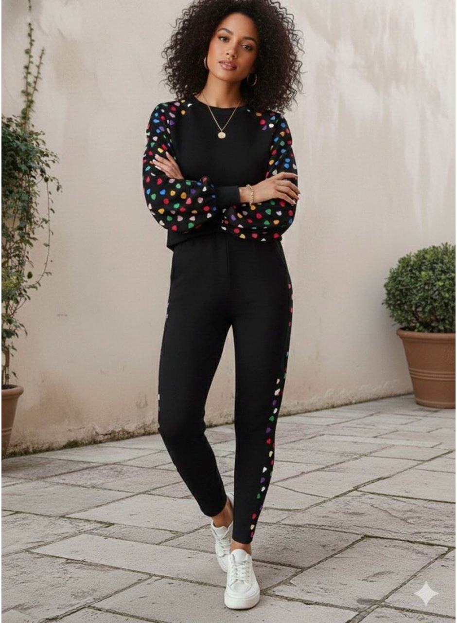Kadın Uzun Kollu Bisiklet Yaka Desenli Viskon Iki Iplik Bluz Ve Pantolon Ikili Takım