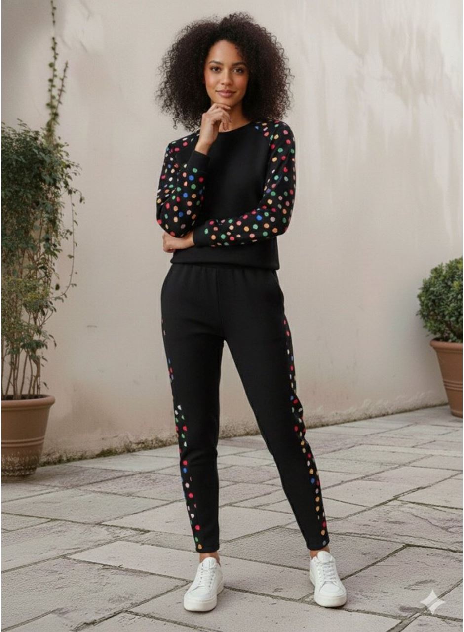 Kadın Uzun Kollu Bisiklet Yaka Desenli Viskon Iki Iplik Bluz Ve Pantolon Ikili Takım