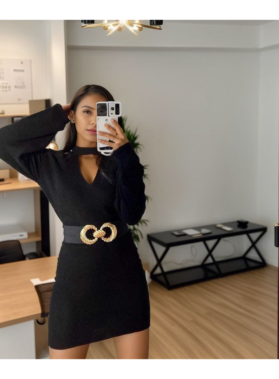 Kadın Uzun Kollu Omuzları Açık Boyundan şerit Detay Kaşkorse Elbise