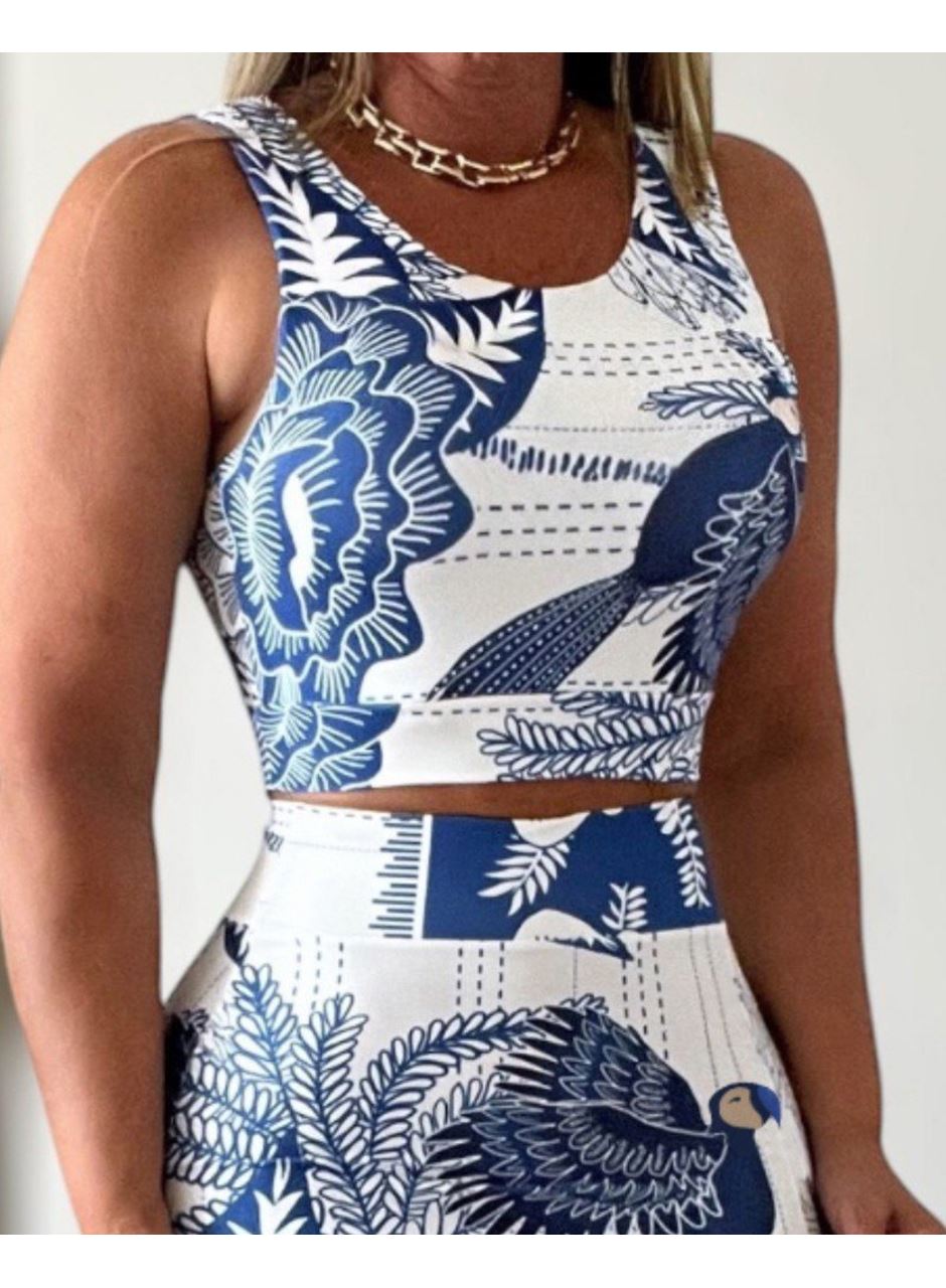 Kadın Sıfır Kollu Yuvarlak Yaka çiçekli Desenli Süprem Crop Ve Yırtmaçlı Etek Ikili Takım