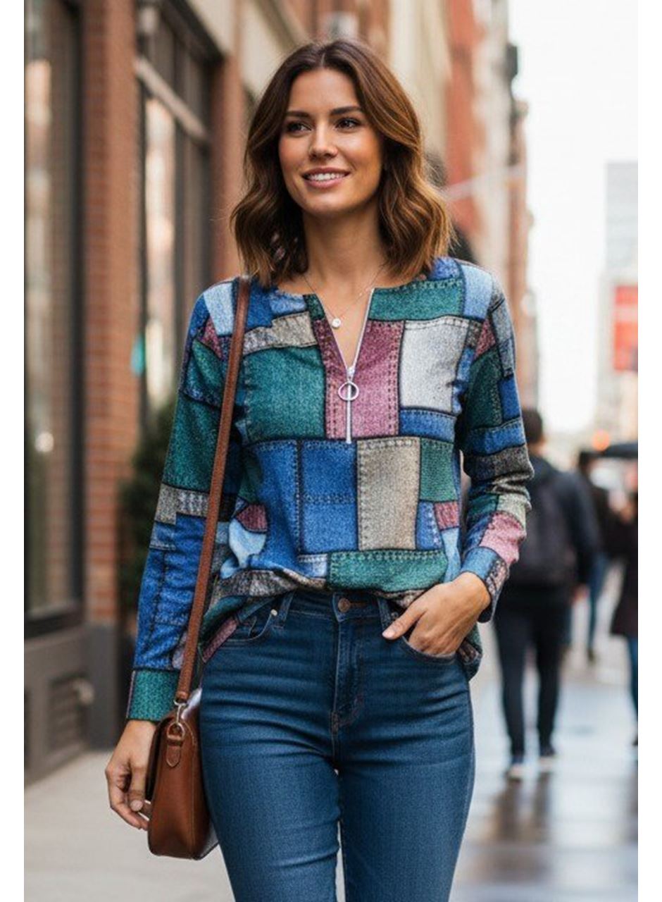 Kadın Uzun Kollu Yakadan Fermuarlı Kot Görünüm Desenli Uzun Modal Bluz