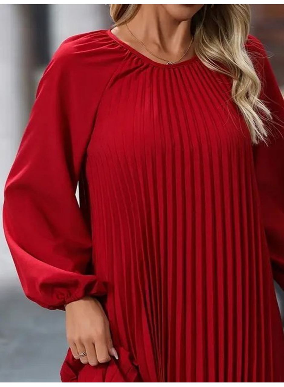 Kadın Uzun Kollu Yuvarlak Yaka Pileli Salaş Mini Ithal Krep Elbise