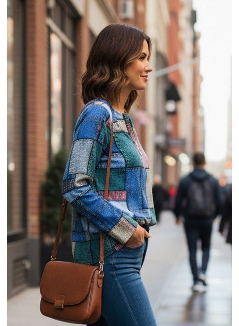 Kadın Uzun Kollu Yakadan Fermuarlı Kot Görünüm Desenli Uzun Modal Bluz