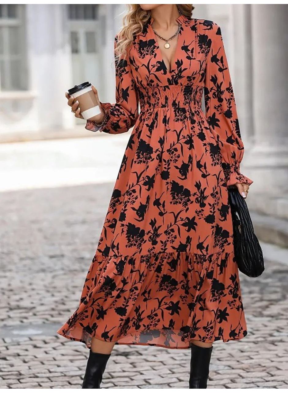 Kadın Uzun Kollu Kruvaze Yakalı çiçek Desenli Maksi Süprem Elbise