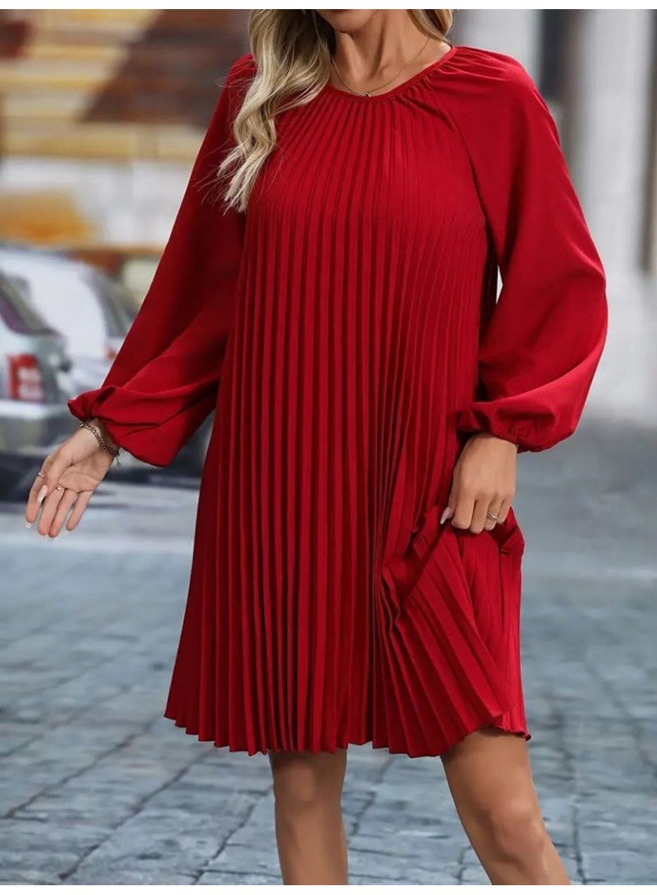 Kadın Uzun Kollu Yuvarlak Yaka Pileli Salaş Mini Ithal Krep Elbise
