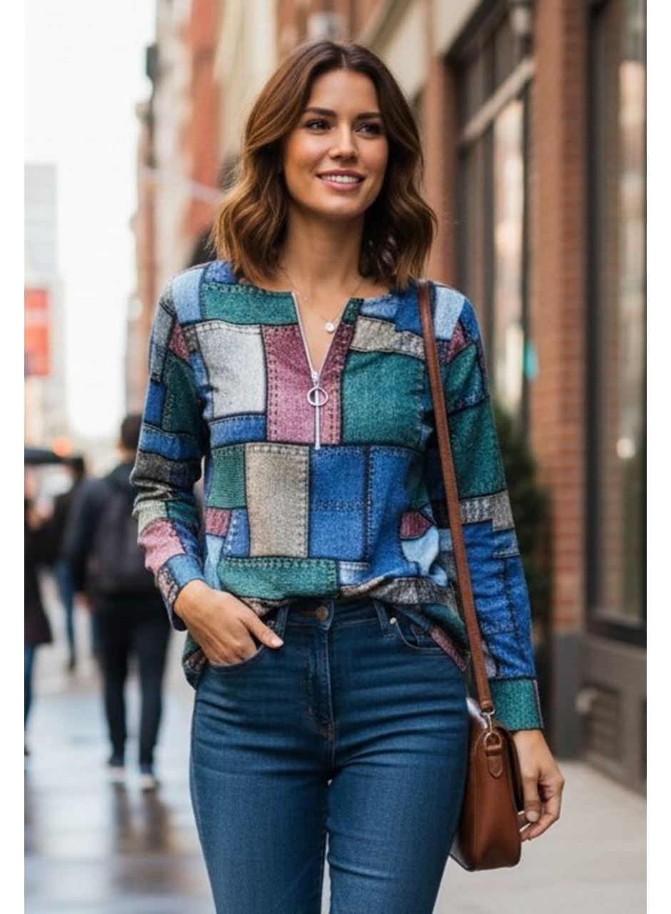 Kadın Uzun Kollu Yakadan Fermuarlı Kot Görünüm Desenli Uzun Modal Bluz