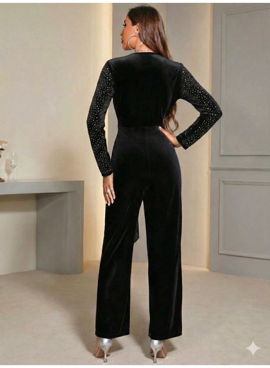 Kadın Uzun Kollu Kruvaze Yakalı Belden Kuşaklı ışıltılı Kadife Tulum