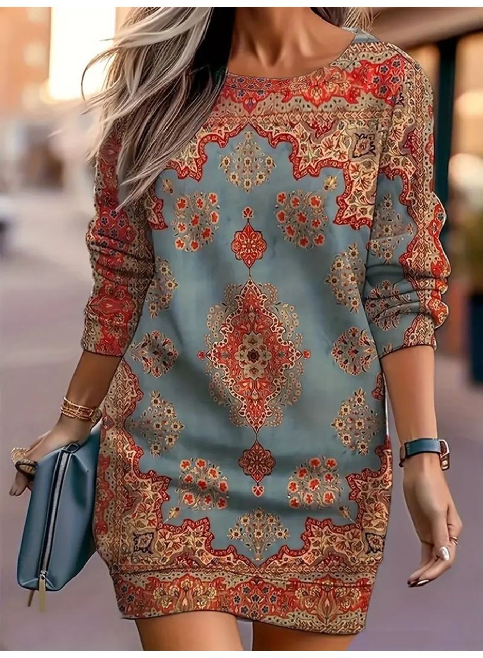 Kadın Uzun Kollu Yuvarlak Yaka Desenli Mini Modal Elbise