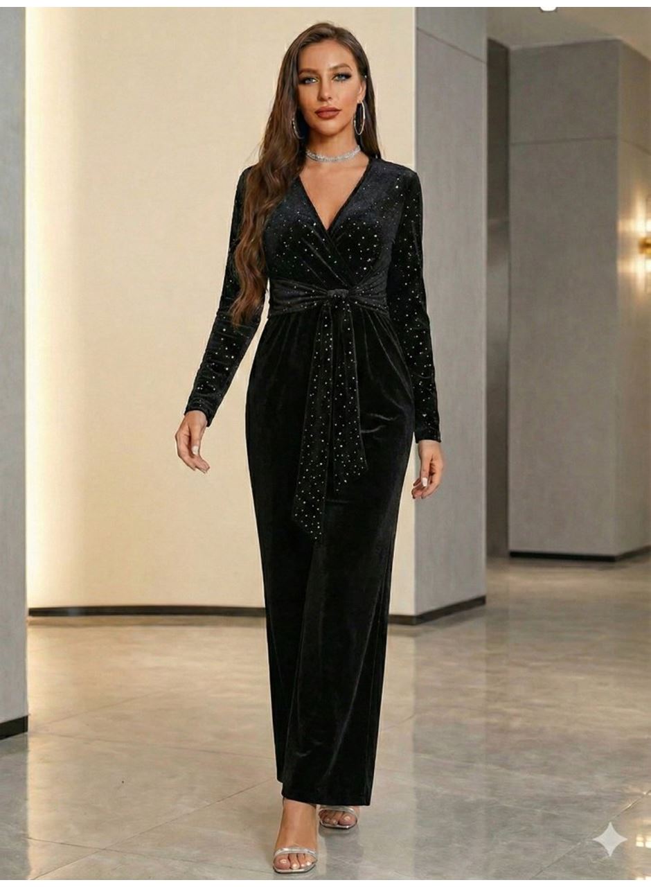 Kadın Uzun Kollu Kruvaze Yakalı Belden Kuşaklı ışıltılı Kadife Tulum