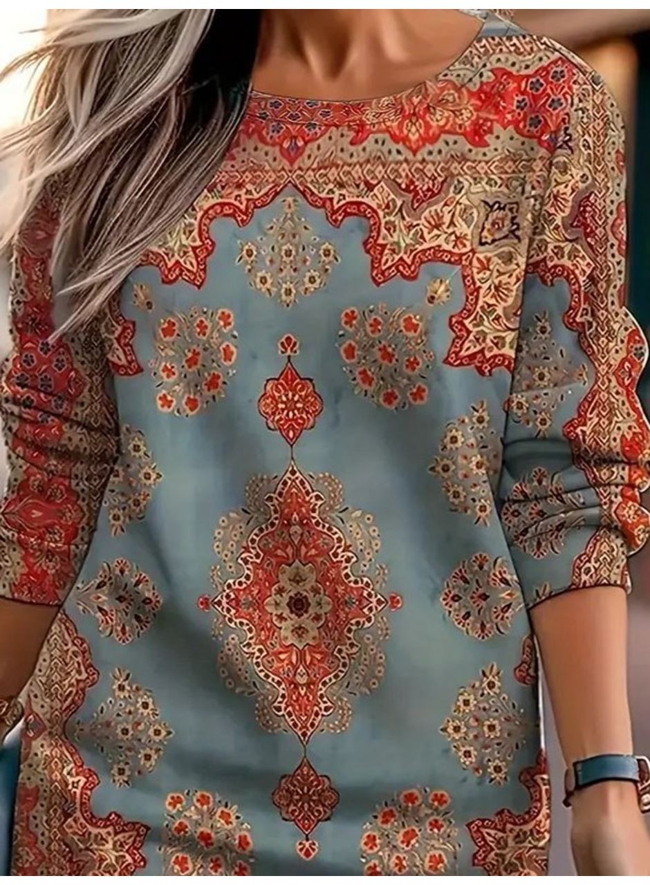 Kadın Uzun Kollu Yuvarlak Yaka Desenli Mini Modal Elbise