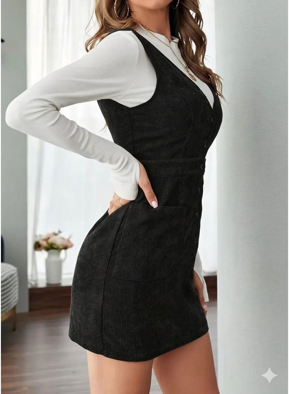 Kadın Askılı V Yakalı önden Düğmeli Mini Kalın Fitilli Kadife Elbise