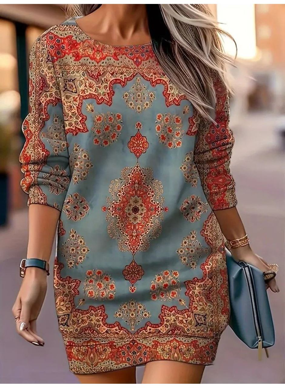 Kadın Uzun Kollu Yuvarlak Yaka Desenli Mini Modal Elbise