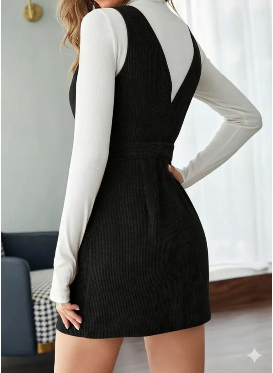 Kadın Askılı V Yakalı önden Düğmeli Mini Kalın Fitilli Kadife Elbise