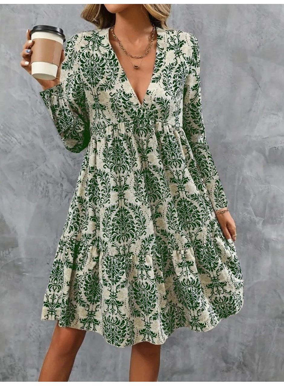 Kadın Uzun Kollu V Yakalı Fırfırlı Mini Süprem Elbise