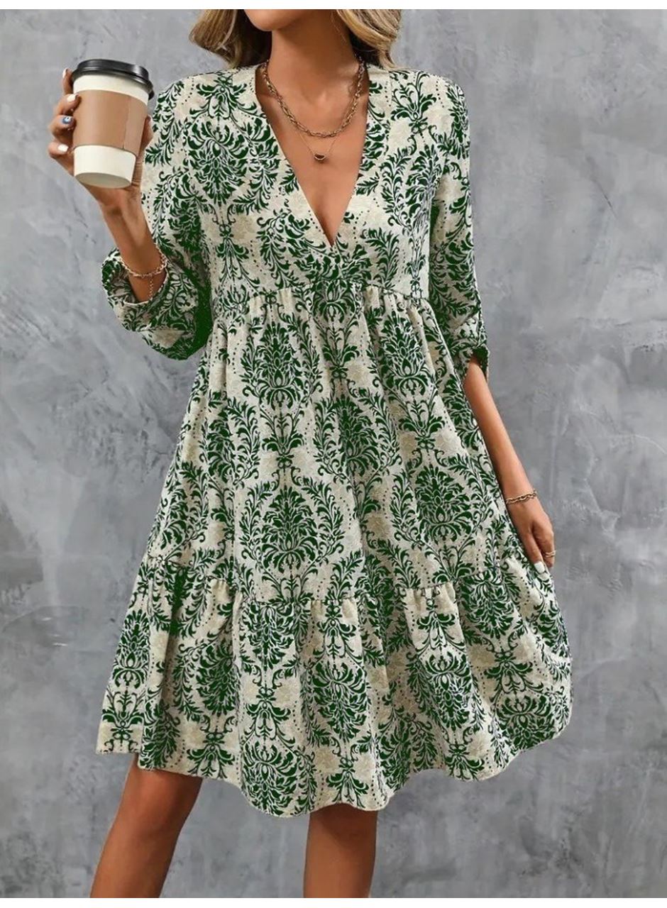 Kadın Uzun Kollu V Yakalı Fırfırlı Mini Süprem Elbise