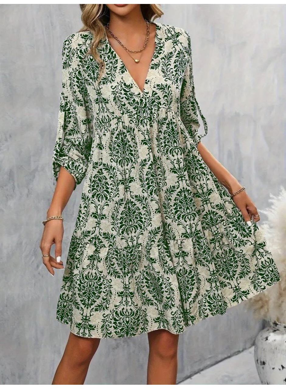 Kadın Uzun Kollu V Yakalı Fırfırlı Mini Süprem Elbise