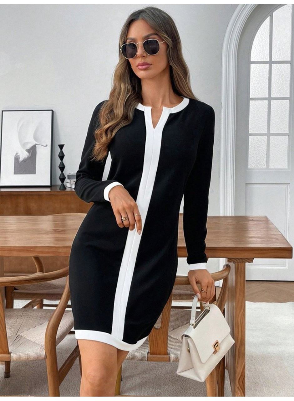 Kadın Uzun Kollu Yuvarlak V Yakalı şerit Detaylı Modal Mini Elbise