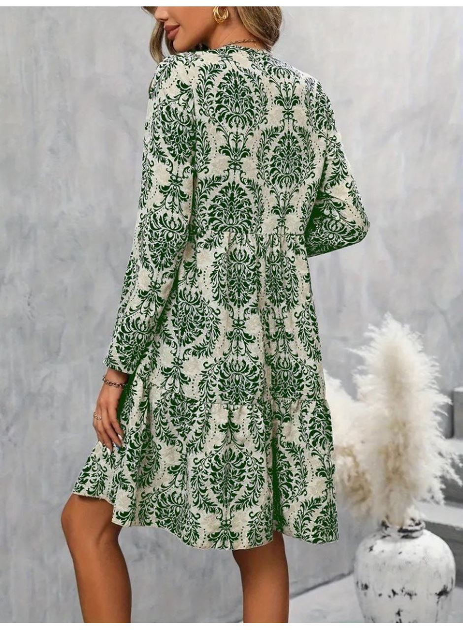 Kadın Uzun Kollu V Yakalı Fırfırlı Mini Süprem Elbise