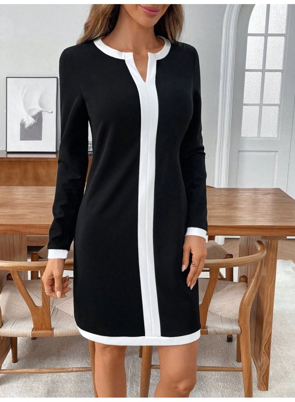 Kadın Uzun Kollu Yuvarlak V Yakalı şerit Detaylı Modal Mini Elbise