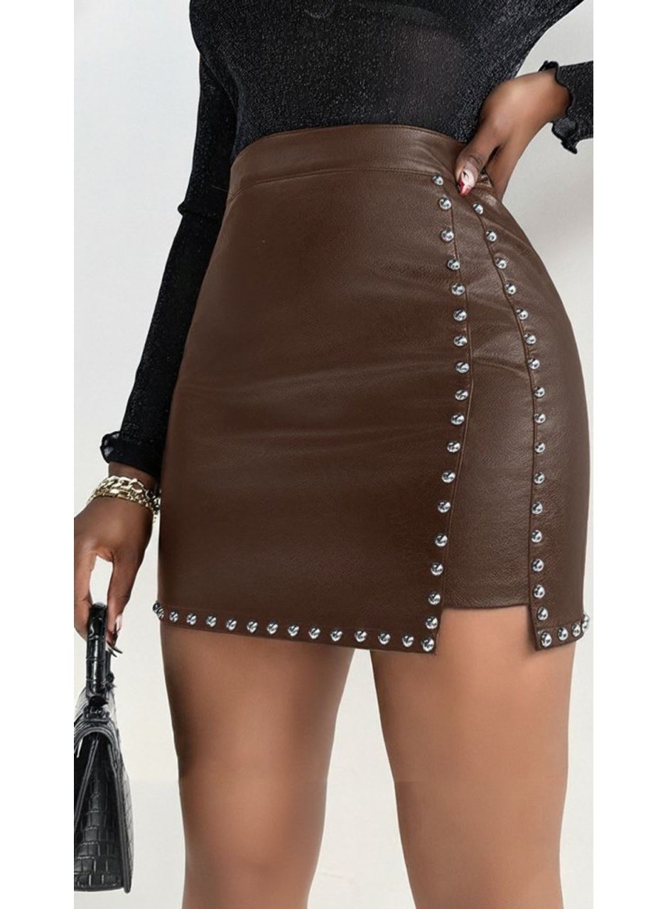 Kadın Yüksek Belli Yandan çivili Mini Deri Etek