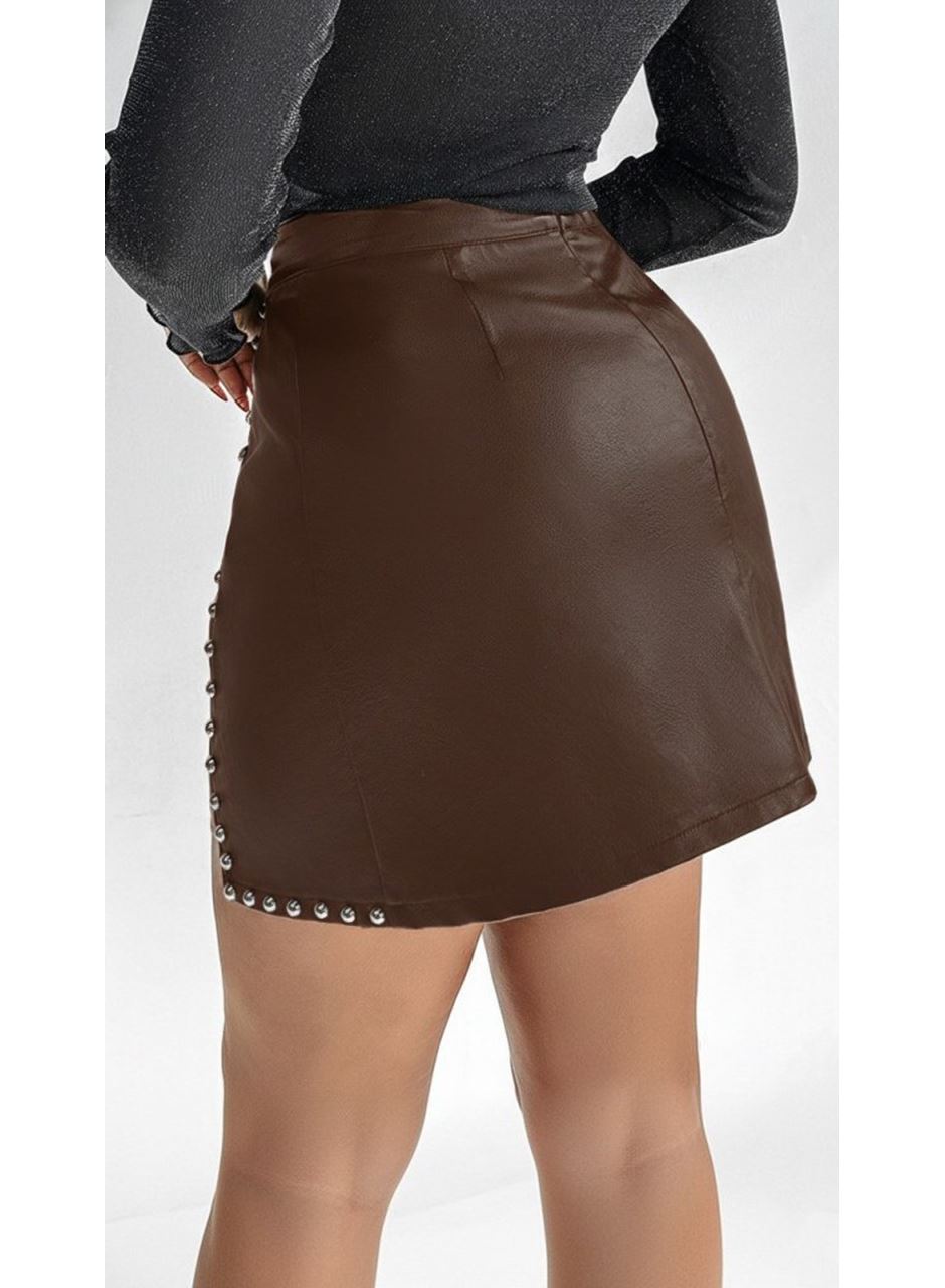 Kadın Yüksek Belli Yandan çivili Mini Deri Etek