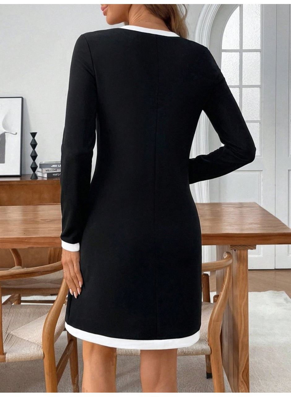 Kadın Uzun Kollu Yuvarlak V Yakalı şerit Detaylı Modal Mini Elbise