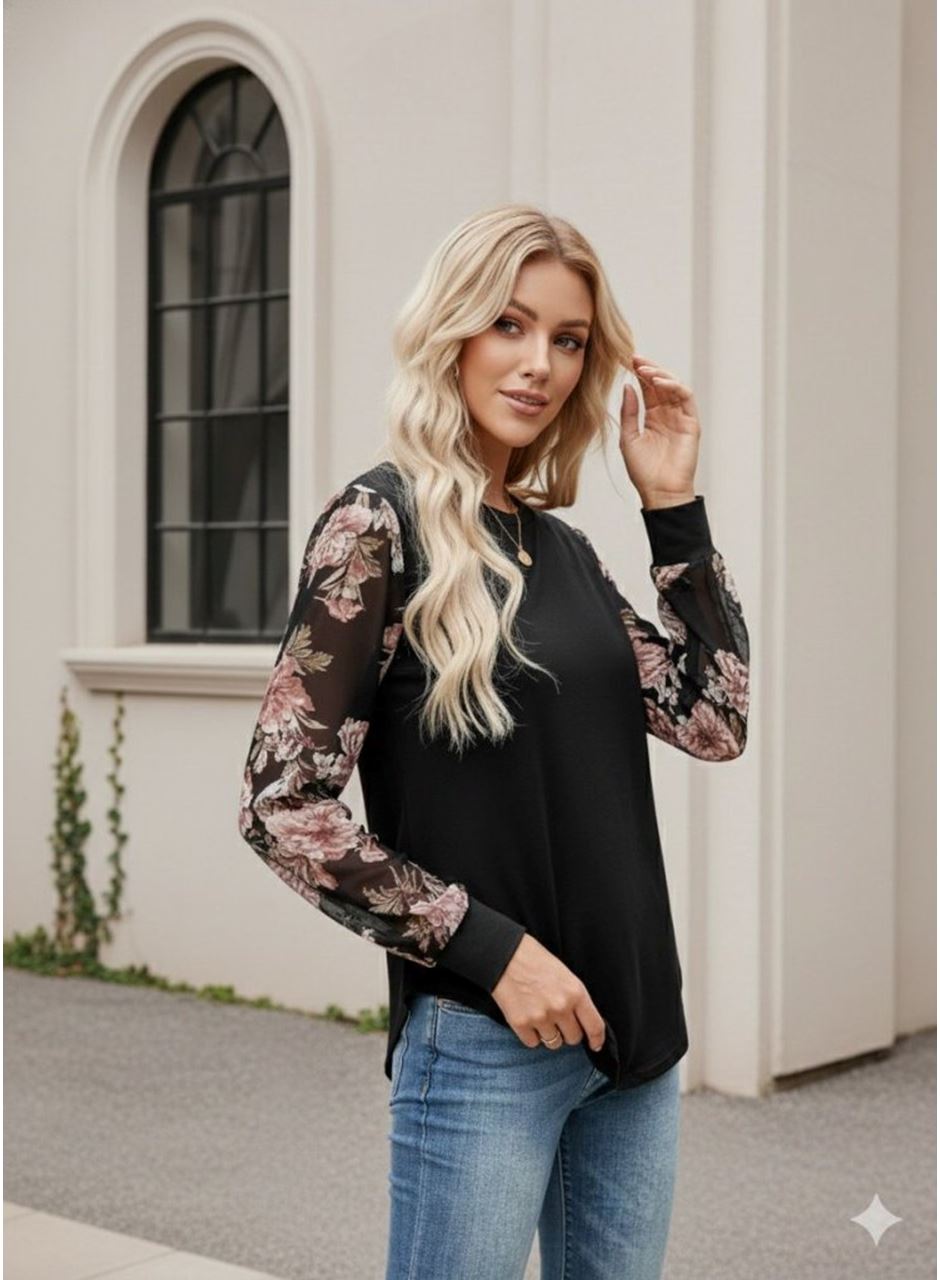 Kadın Uzun Kollu Bisiklet Yakalı Kolun çiçek Desenli Viskon Iki Iplik Bluz