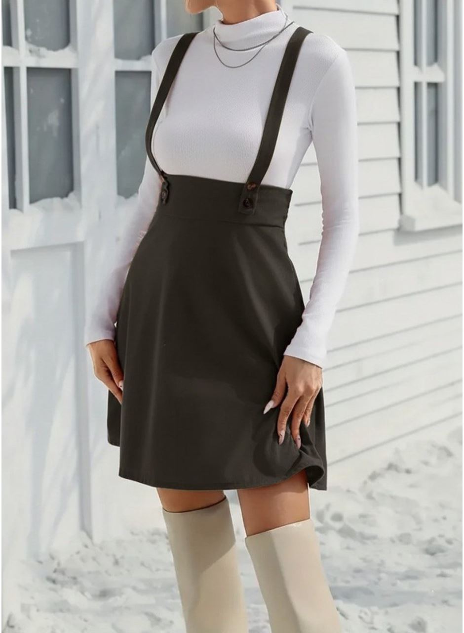 Kadın Askılı Düğmeli Mini Süet Elbise