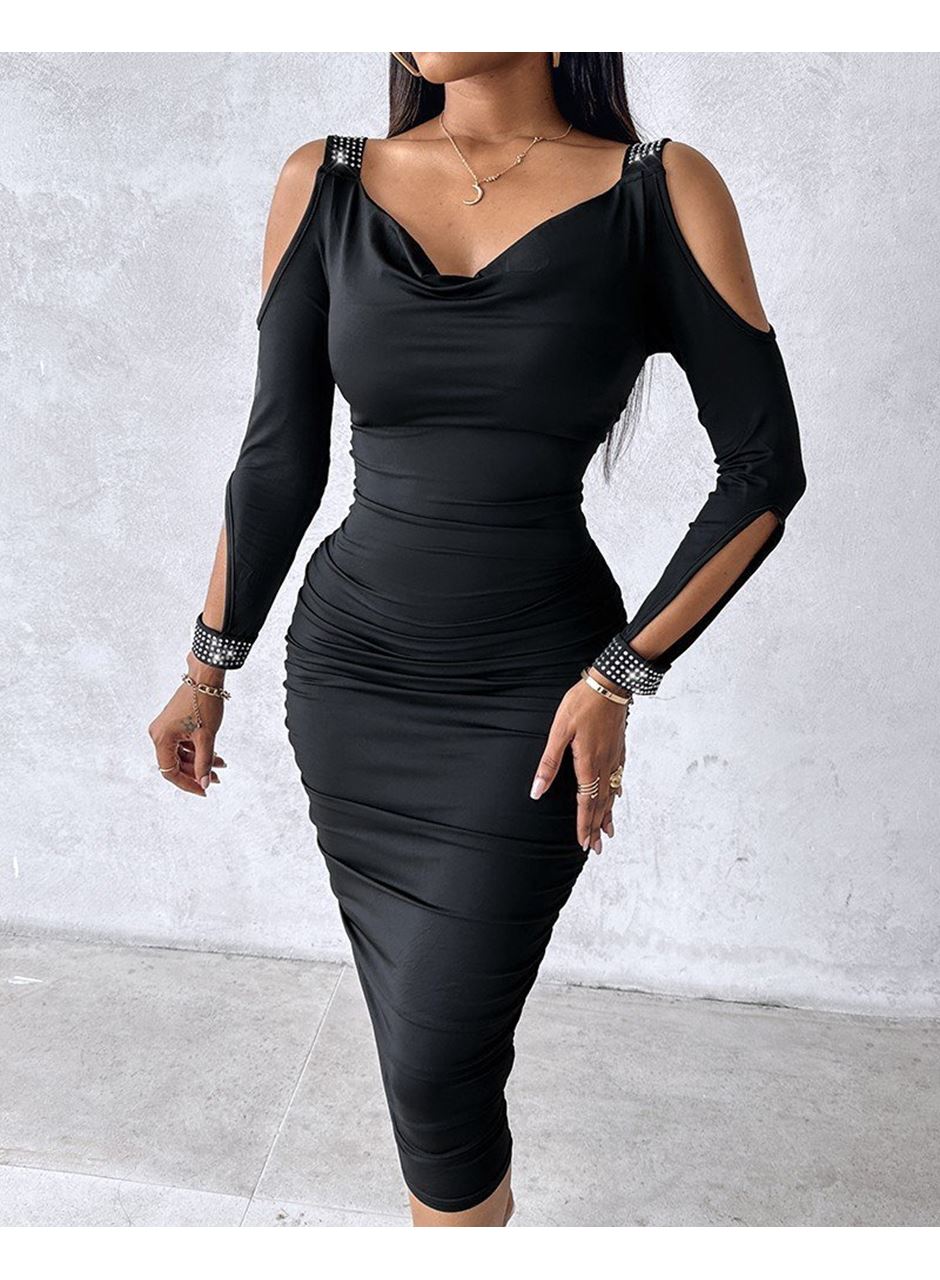 Kadın Omuzlardan Açık Uzun Kollu Taşlı Degaje Yakalı Sandy Midi Elbise