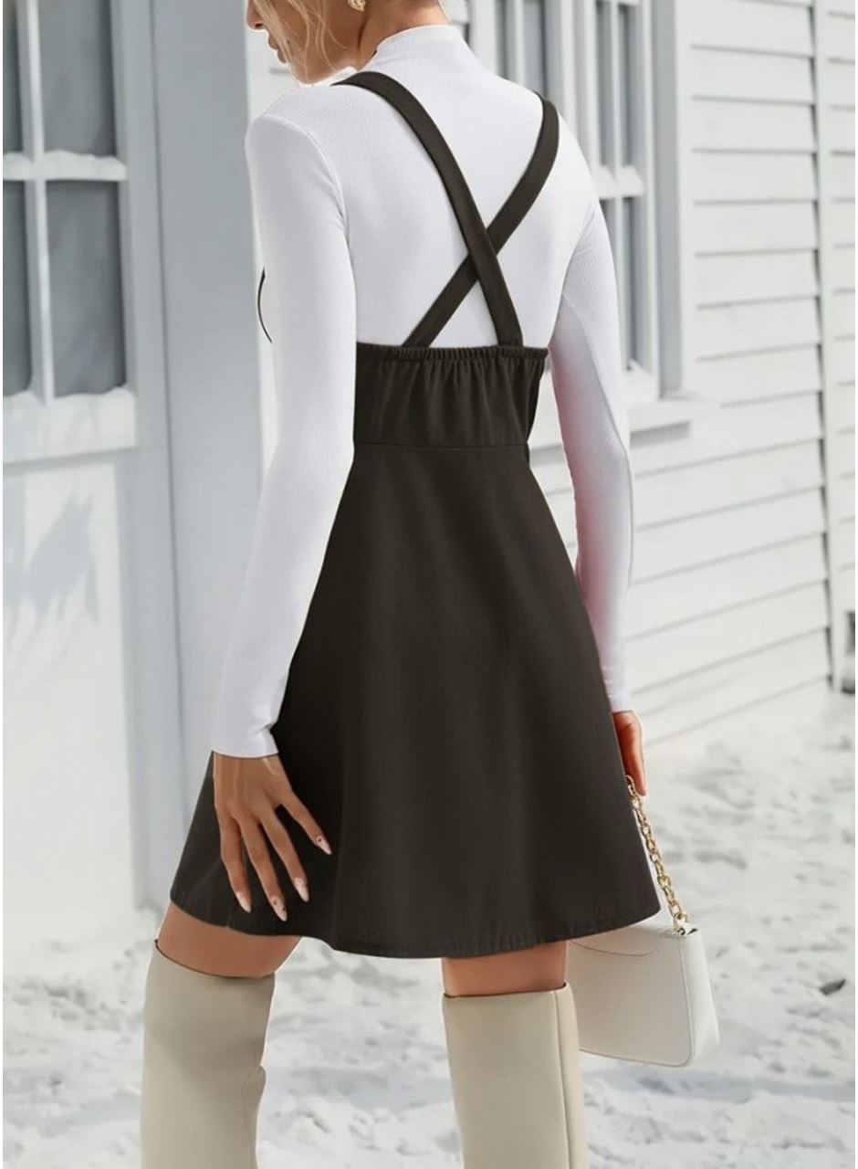Kadın Askılı Düğmeli Mini Süet Elbise