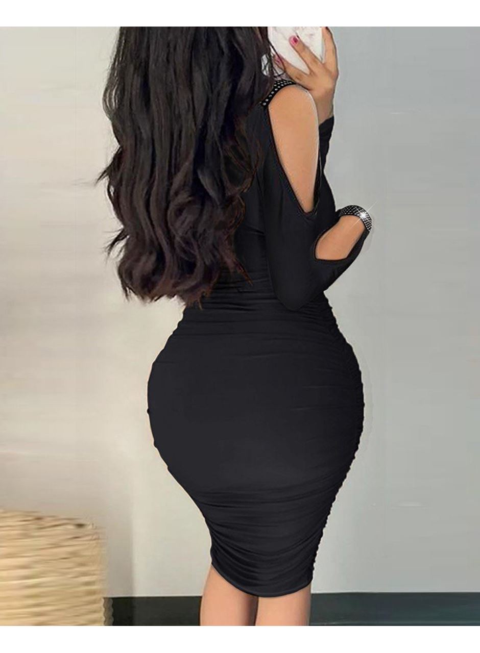 Kadın Omuzlardan Açık Uzun Kollu Taşlı Degaje Yakalı Sandy Midi Elbise