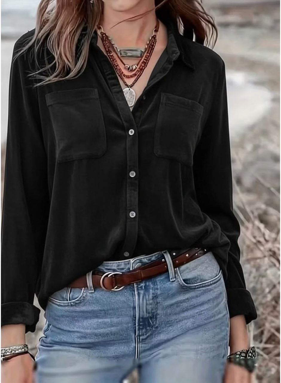 Kadın Uzun Kollu Yakalı önden Düğmeli Cep Detaylı Kadife Gömlek