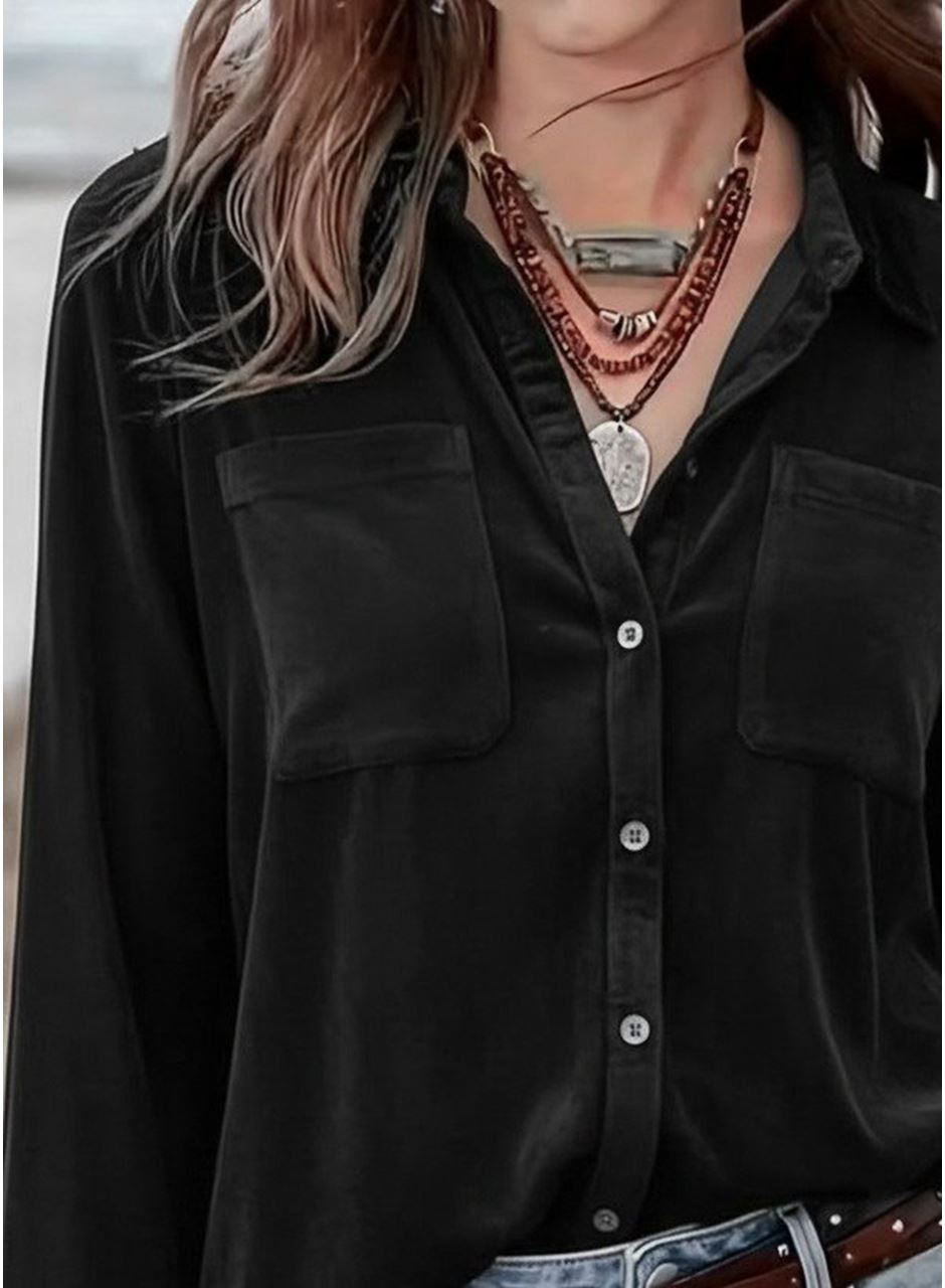 Kadın Uzun Kollu Yakalı önden Düğmeli Cep Detaylı Kadife Gömlek
