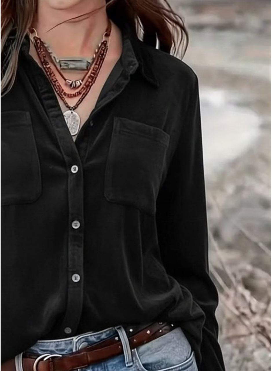 Kadın Uzun Kollu Yakalı önden Düğmeli Cep Detaylı Kadife Gömlek